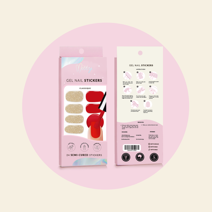 showing CLASSIQUE Semi Cured Gel Nail Stickers packaging front and back