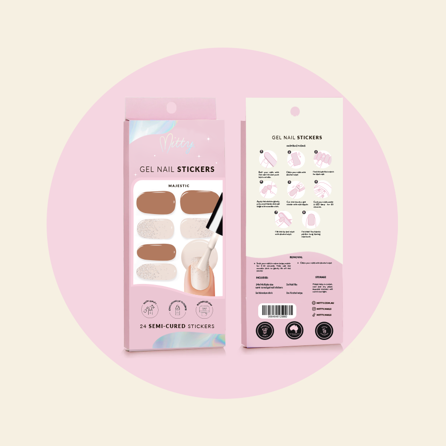 showing MAJESTIC Semi Cured Gel Nail Stickers packaging front and back