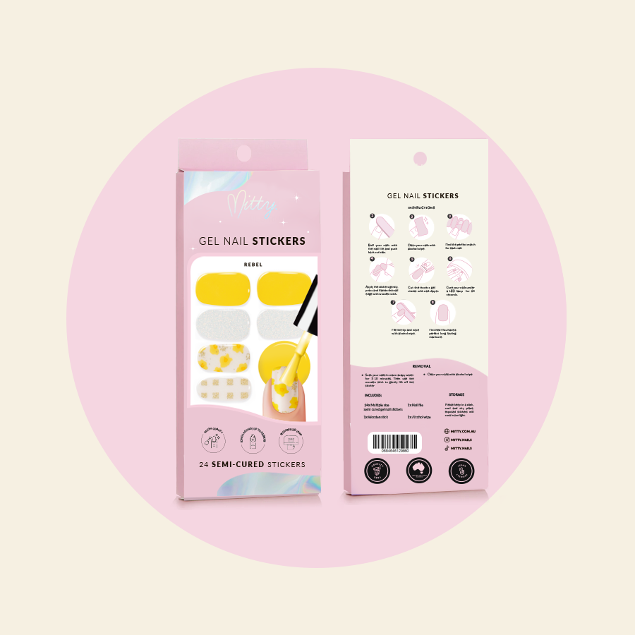 showing REBEL Semi Cured Gel Nail Stickers packaging front and back