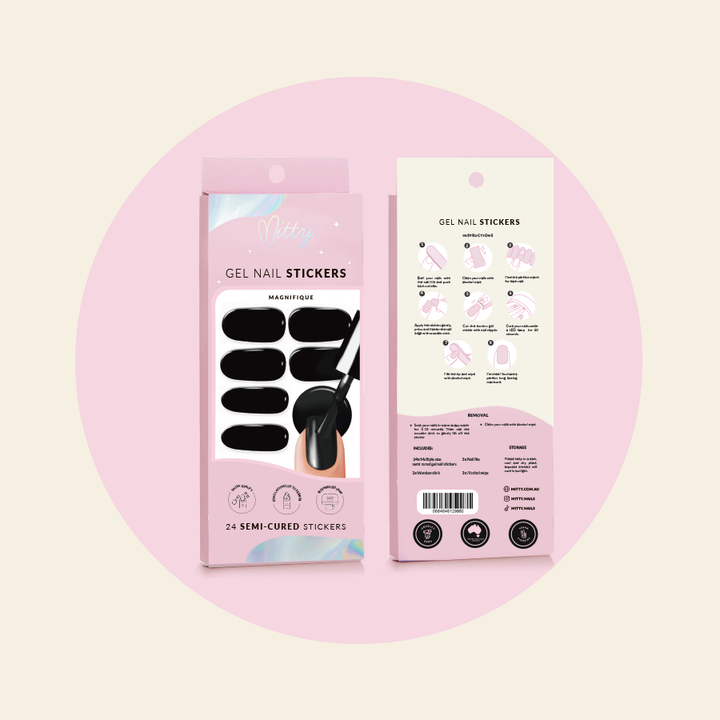 showing MAGNIFIQUE semi cured gel sticker packaging front and back