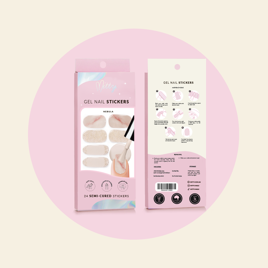 showing packaging front and back for semi cured gel stickers