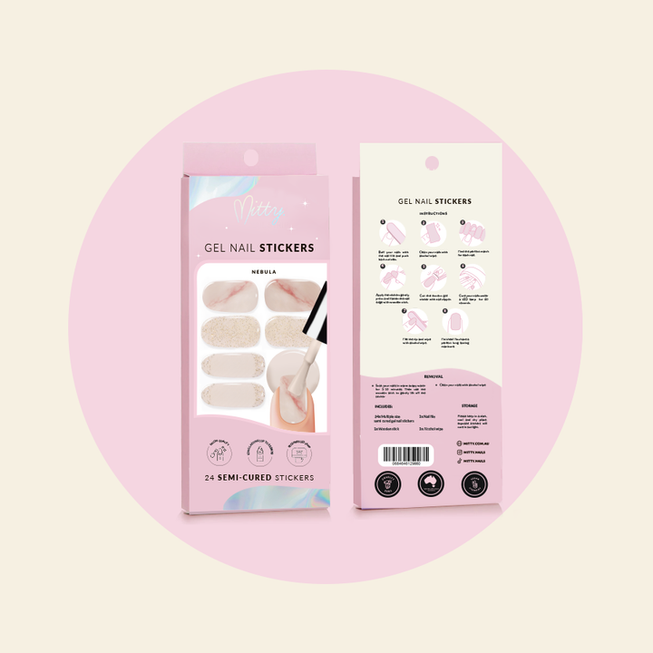 showing packaging front and back for semi cured gel stickers