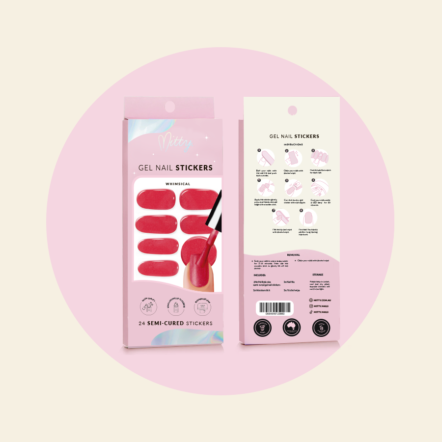 showing WHIMSICAL semi cured gel sticker packaging front and back