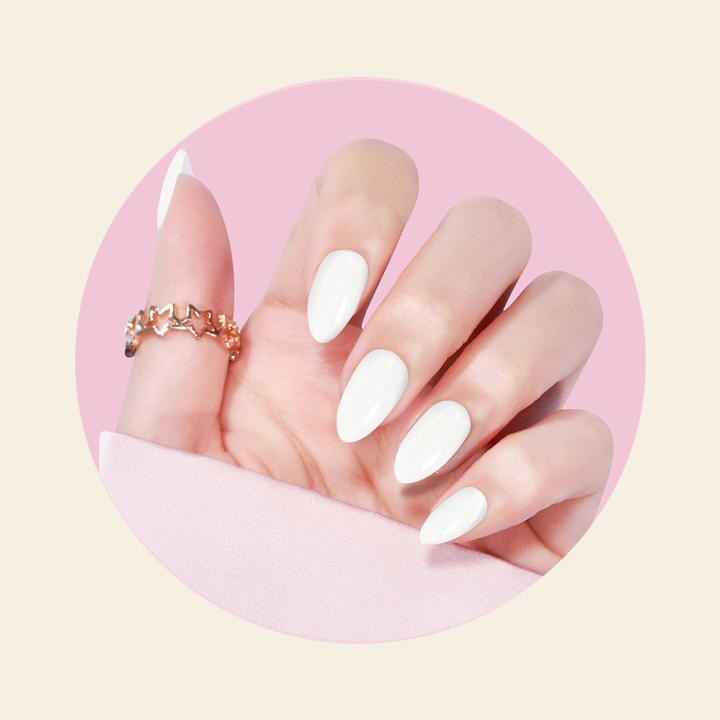 showing FLUFFY CLOUDS semi cured gel stickers on hand