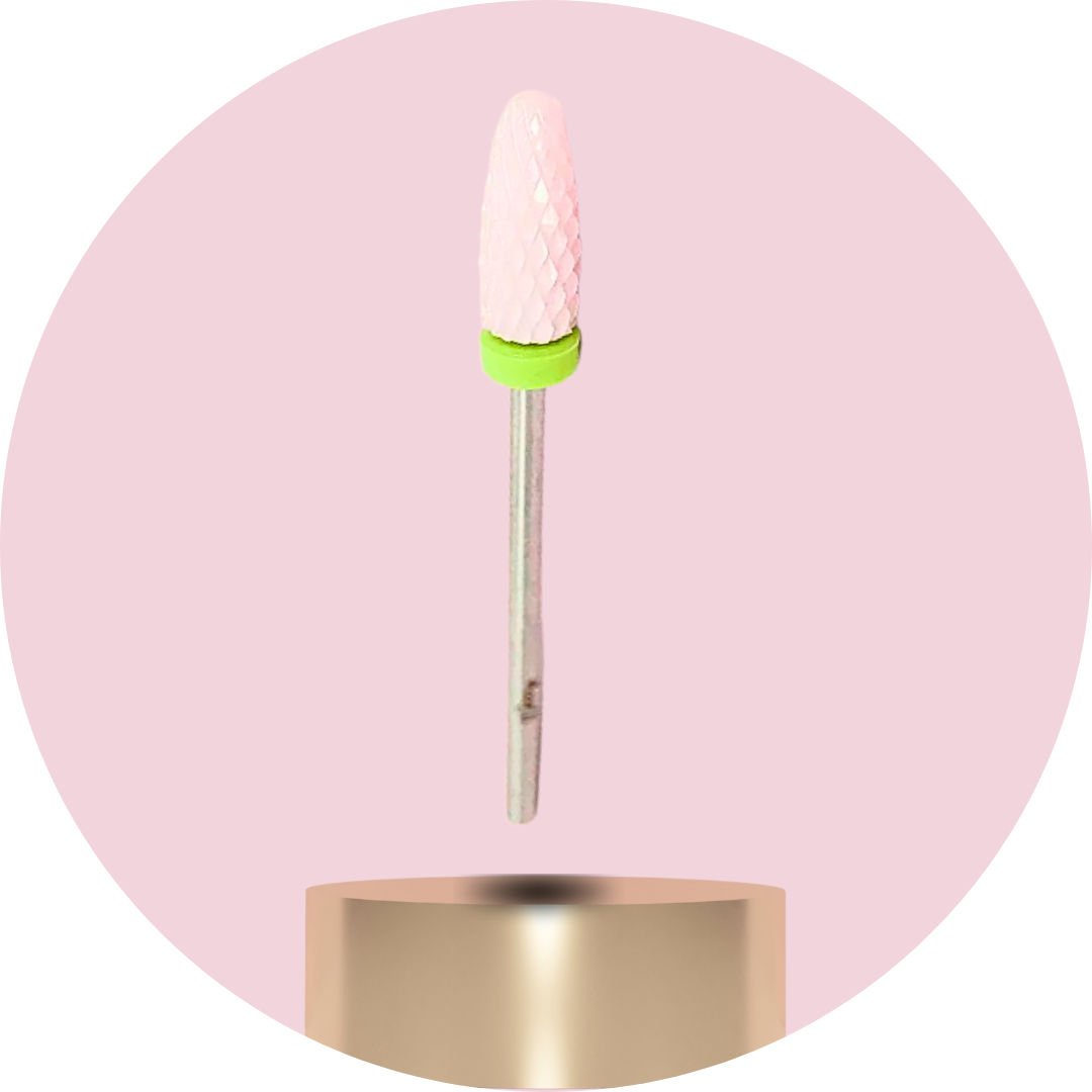 Nail drill bit with pink ceramic wheel on a pink background