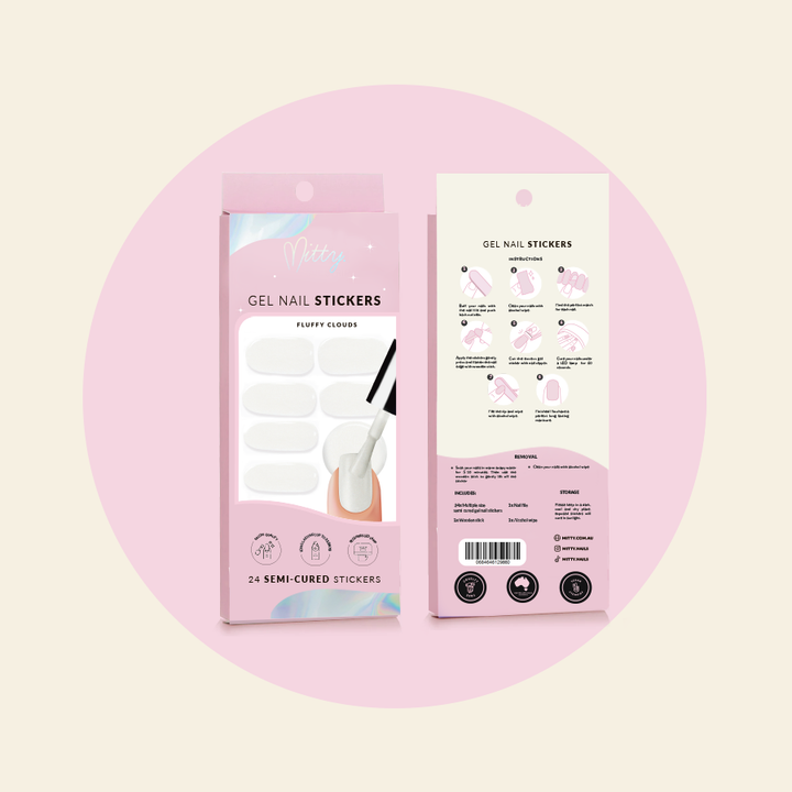 showing FLUFFY CLOUDS semi cured gel sticker front and back packaging