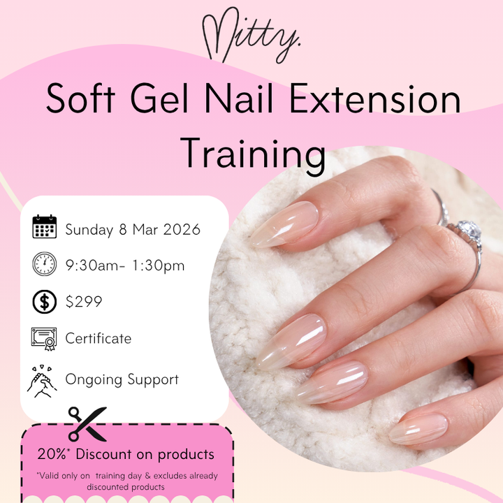 Advertisement for Mitty Soft Gel Nail Extension Training with a hand holding a white object on a pink background.