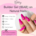 Advertisement for Mitty Builder Gel BIAB on natural nails with pink gel polish on nails.