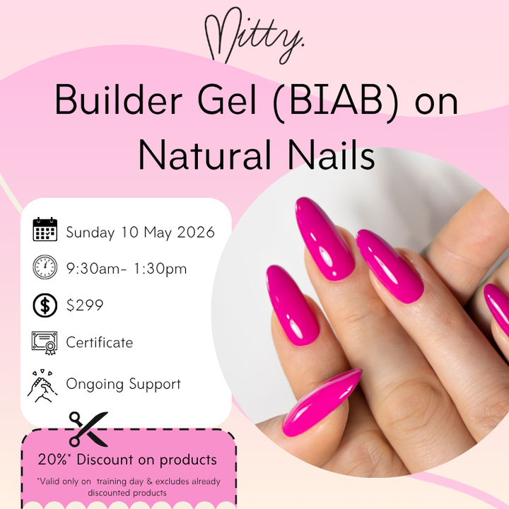 Advertisement for Mitty Builder Gel BIAB on natural nails with pink gel polish on nails.