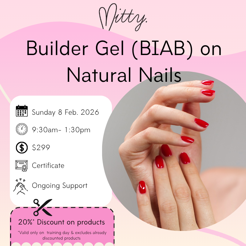 Advertisement for Mitty Builder Gel (BIAB) on natural nails with a hand showing red nail polish.