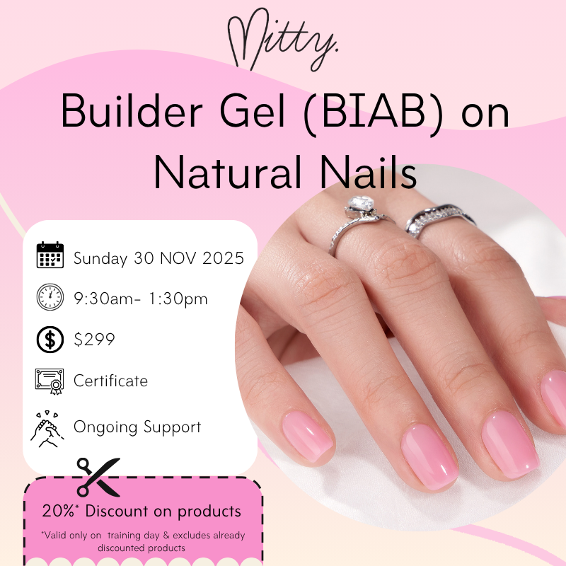 Advertisement for Mitty Builder Gel (BIAB) on natural nails with a hand showing red nail polish.