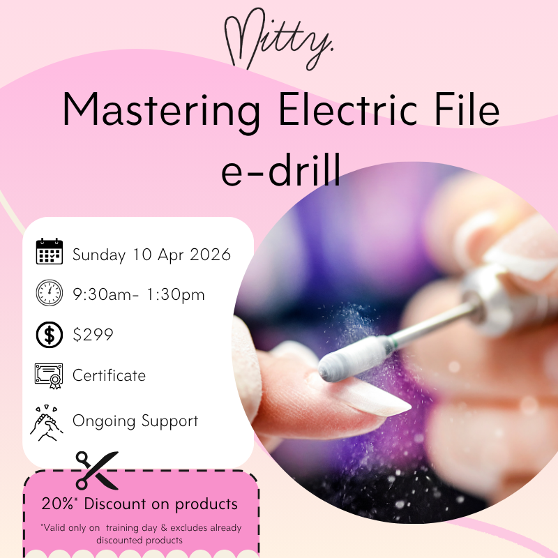 Advertisement for a nail training course with a nail drill and text on a pink background.