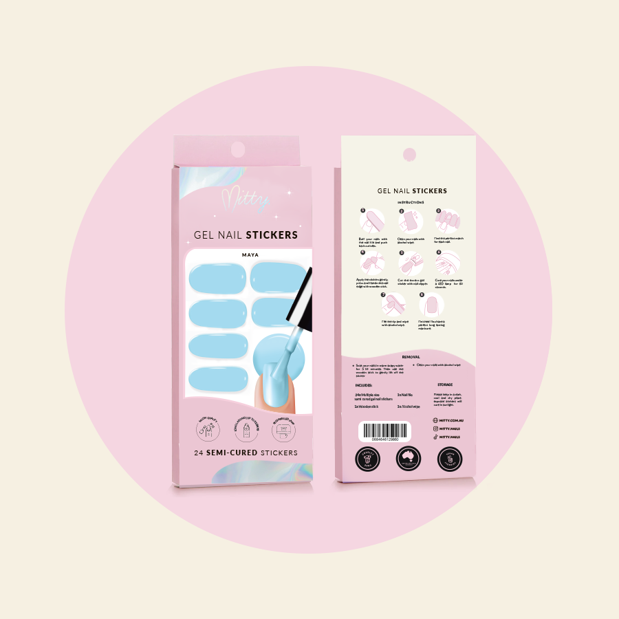 Jam semi cured gel nail sticker packaging showing 20 stickers and file

