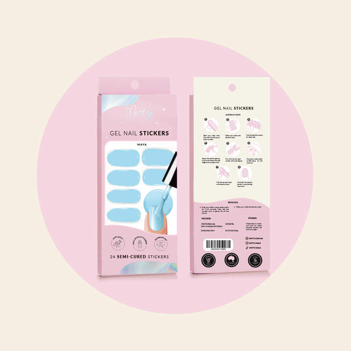 Jam semi cured gel nail sticker packaging showing 20 stickers and file

